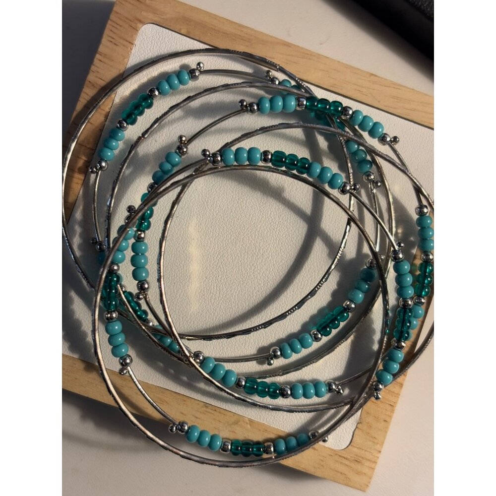 Silver & Turquoise Beaded Bangle Bracelets Set Of 6